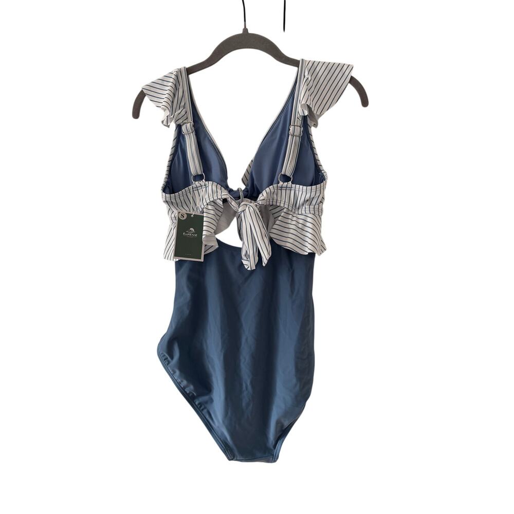 E.O.Menie Blue Striped Ruffle One-Piece Swimsuit S - Picture 6 of 6